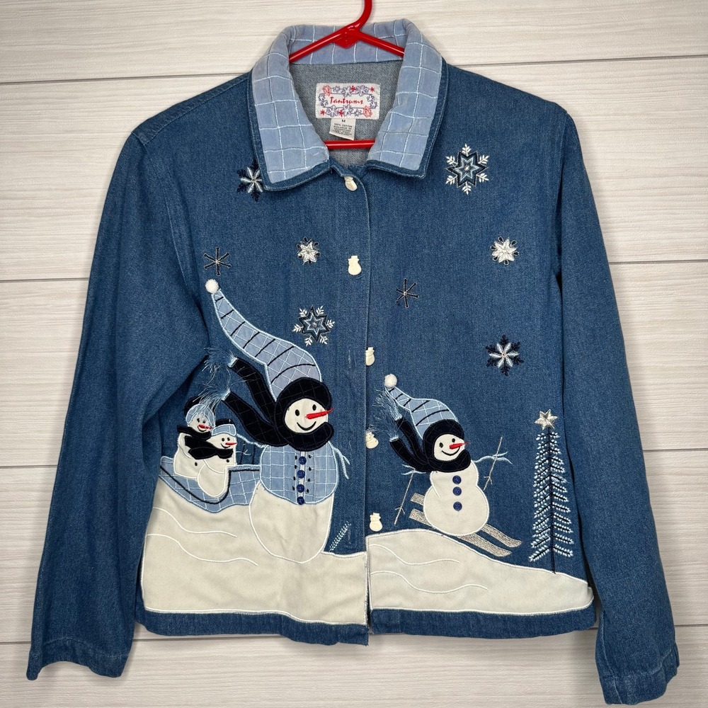 Tantrum Denim Jacket Snowman Snowflake Embroidered Applique Winter Casual Size M